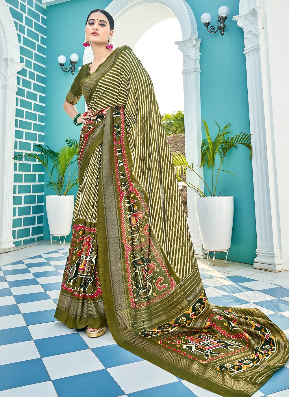 Contemporary Silk Green Foil Print Saree