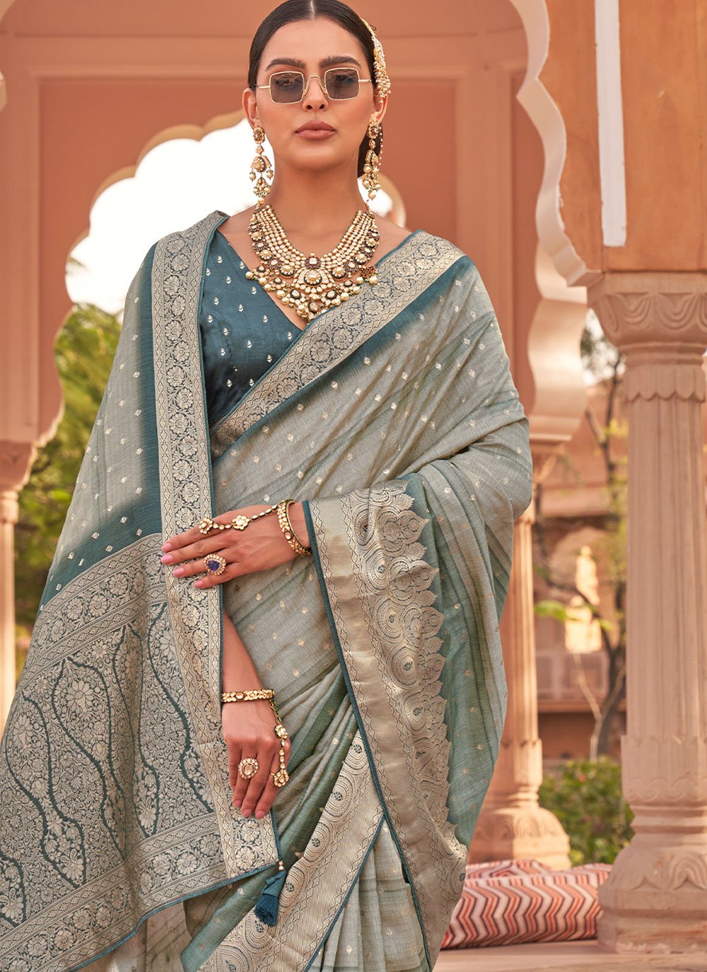 Designer Silk Aqua Blue Digital Print Saree