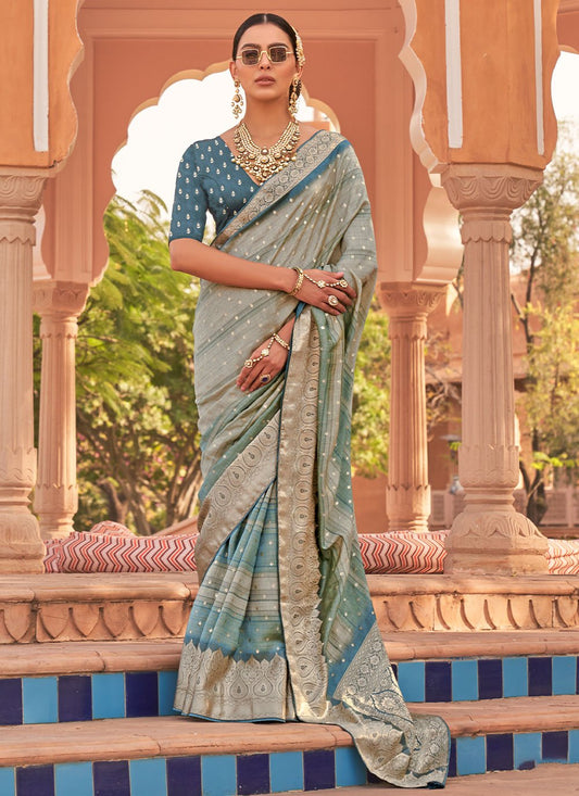 Designer Silk Aqua Blue Digital Print Saree