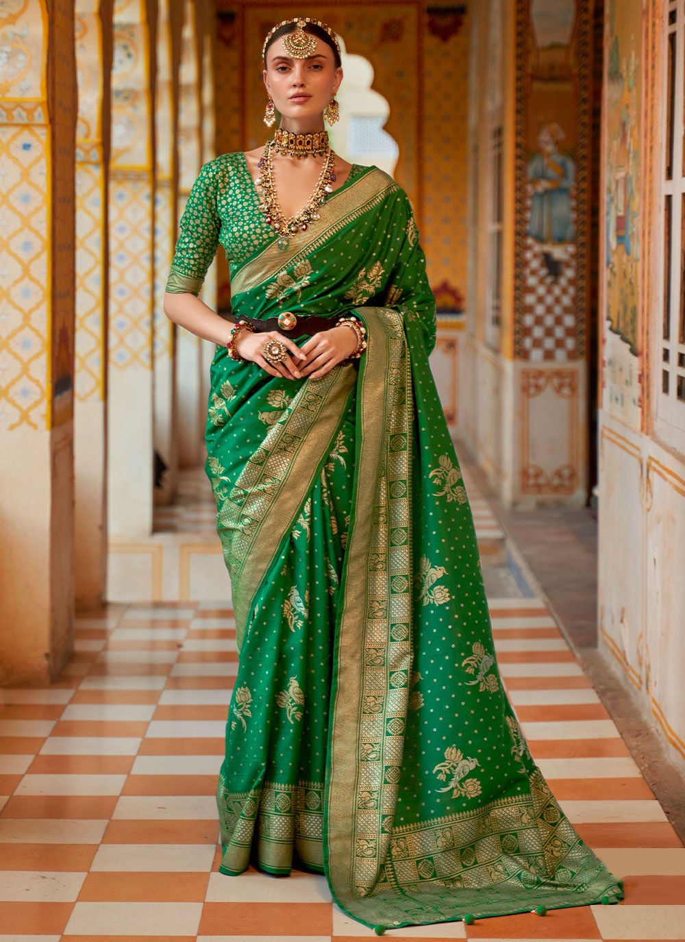 Contemporary Silk Green Foil Print Saree