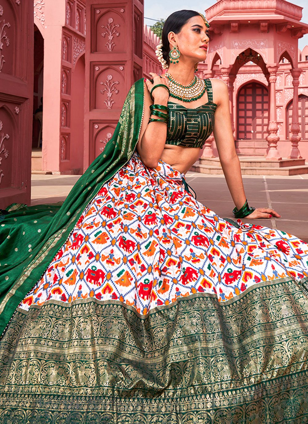 Lehenga Choli Silk Green Foil Print Lehenga Choli