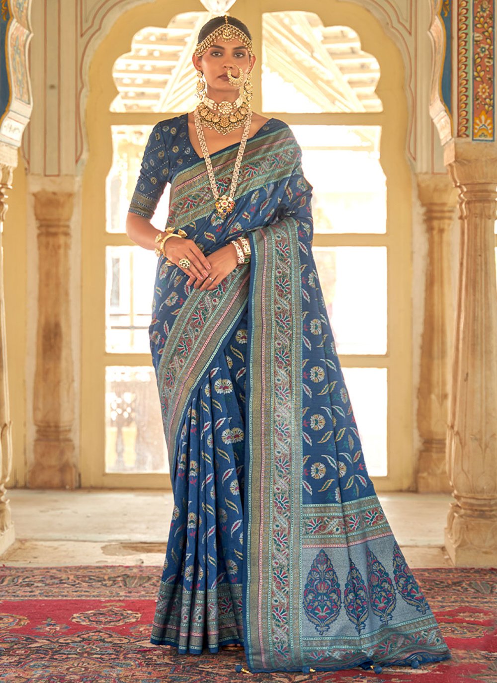 Contemporary Silk Blue Foil Print Saree