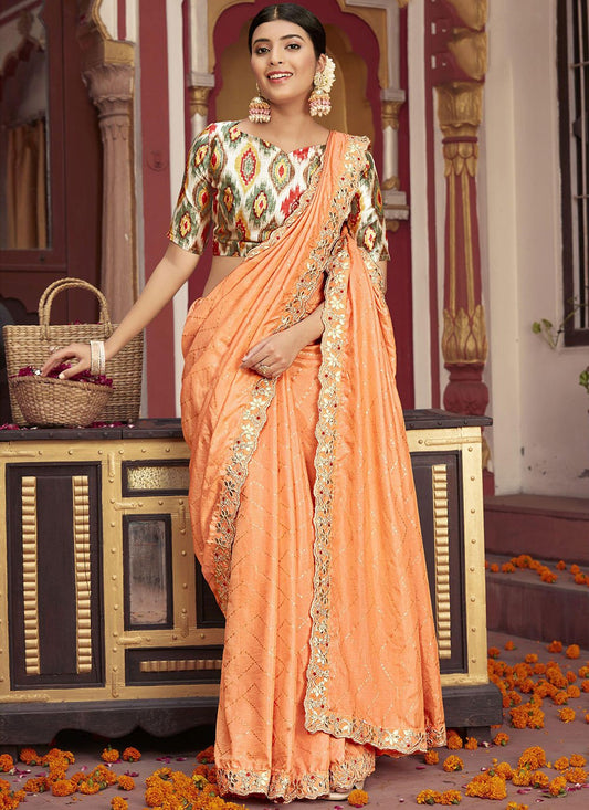 Classic Silk Peach Foil Print Saree