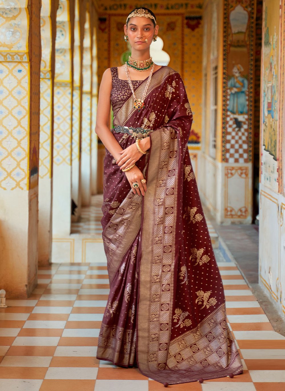 Classic Silk Wine Foil Print Saree