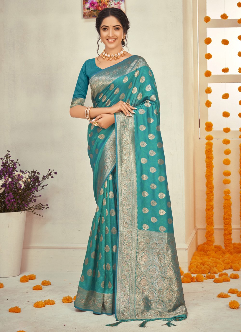 Designer Silk Firozi Foliage Print Saree