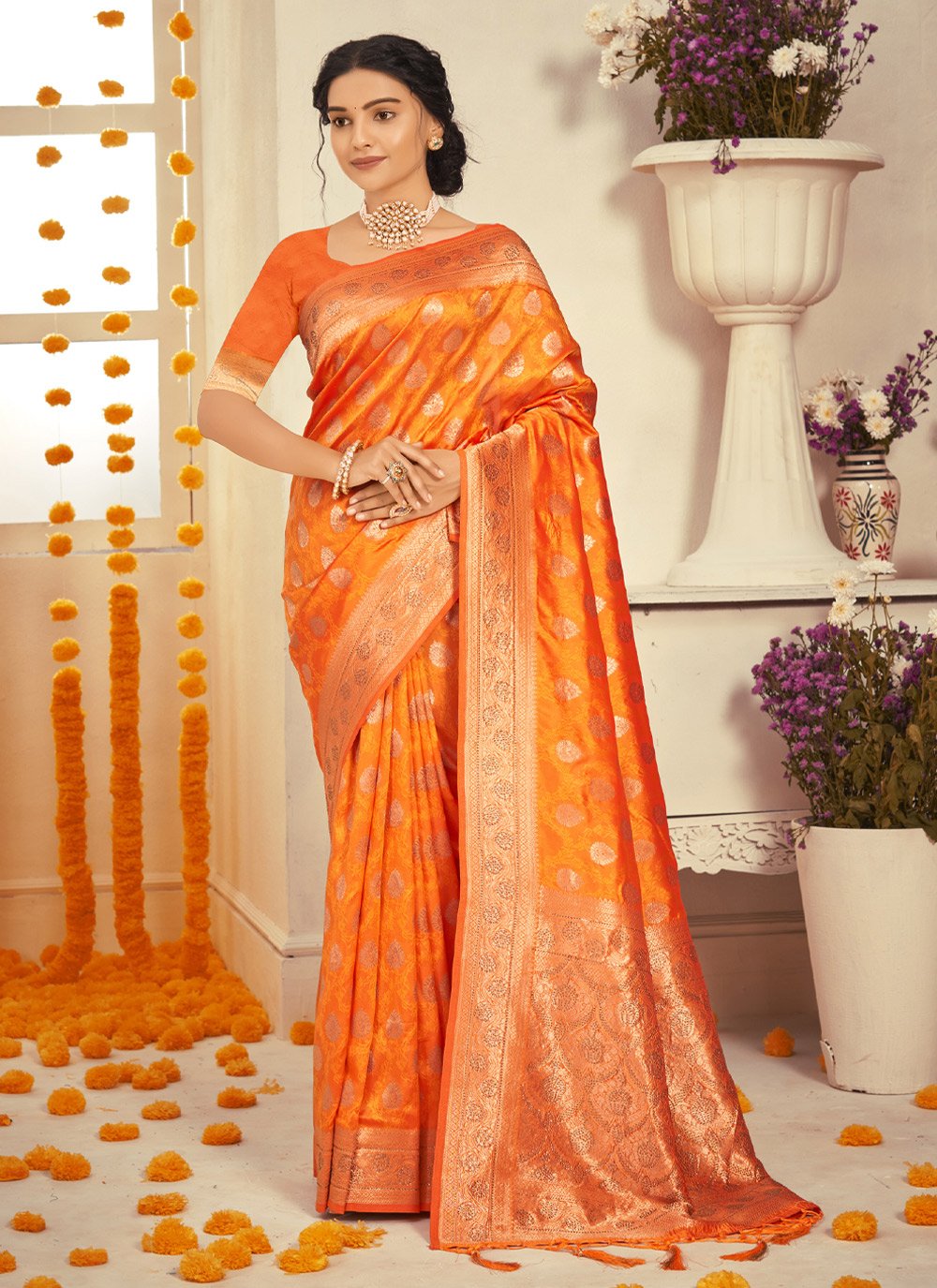 Designer Silk Gold Foliage Print Saree