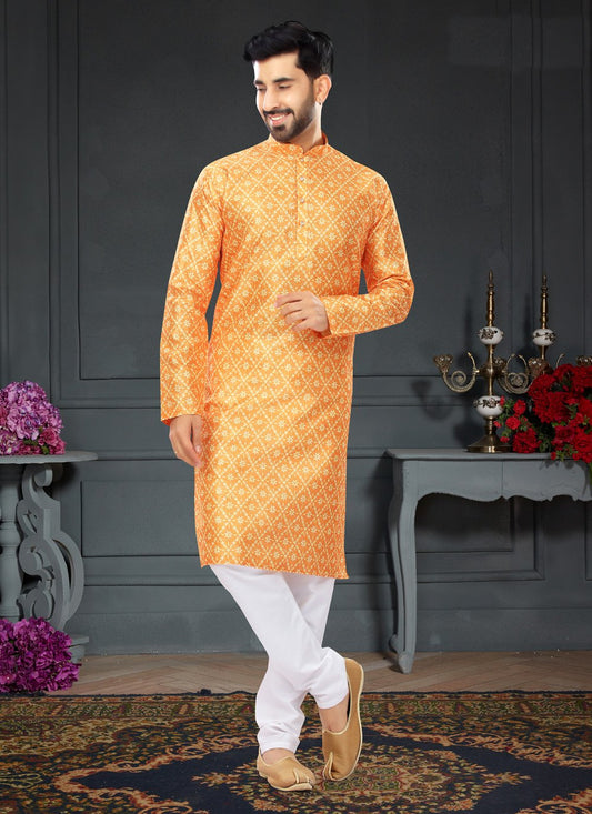 Kurta Pyjama Silk Gold Digital Print Mens