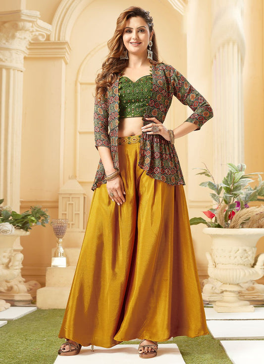 Jacket Style Suit Chinon Silk Gold Embroidered Salwar Kameez