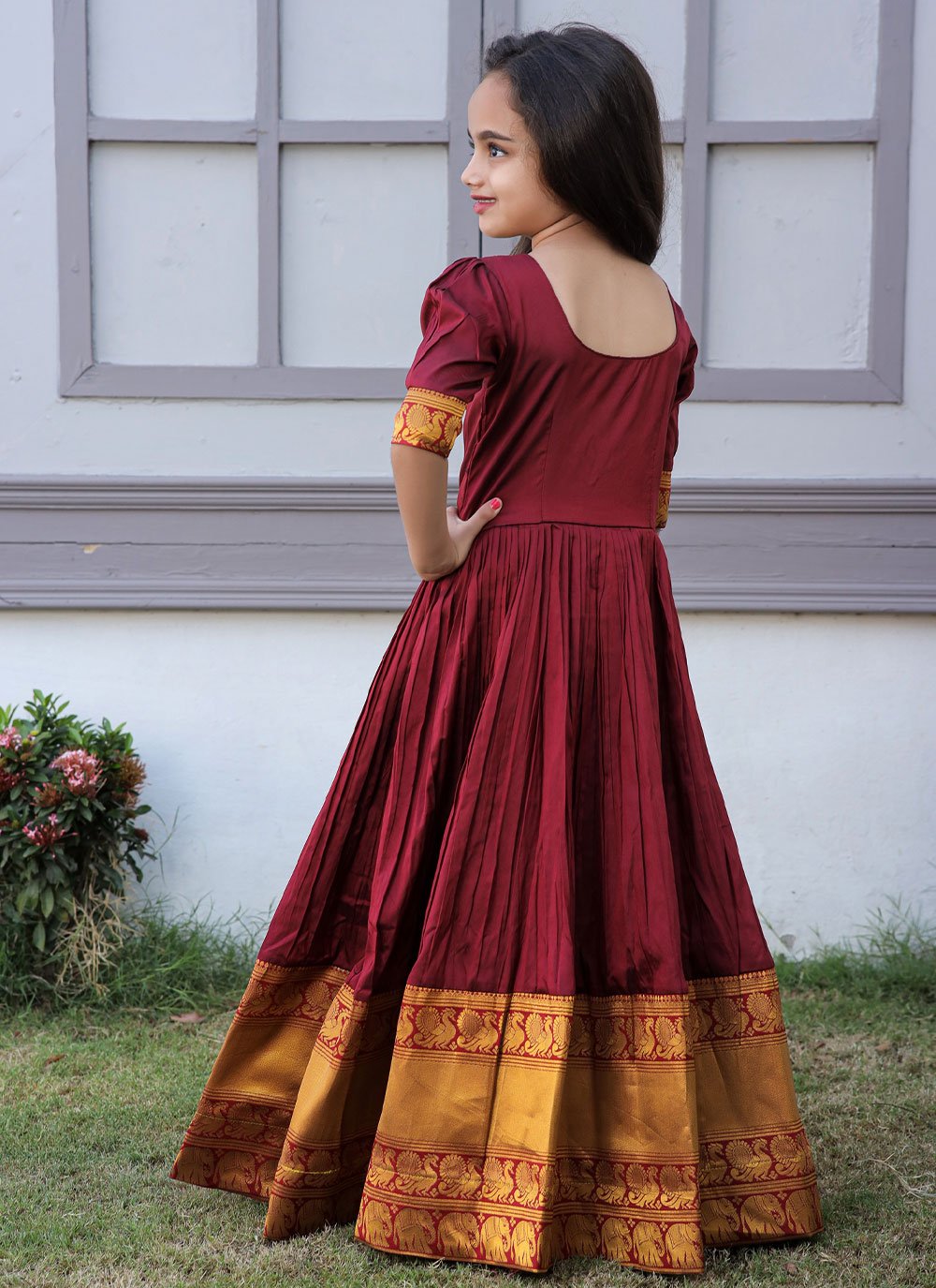 Gown Silk Maroon Jacquard Work Kids