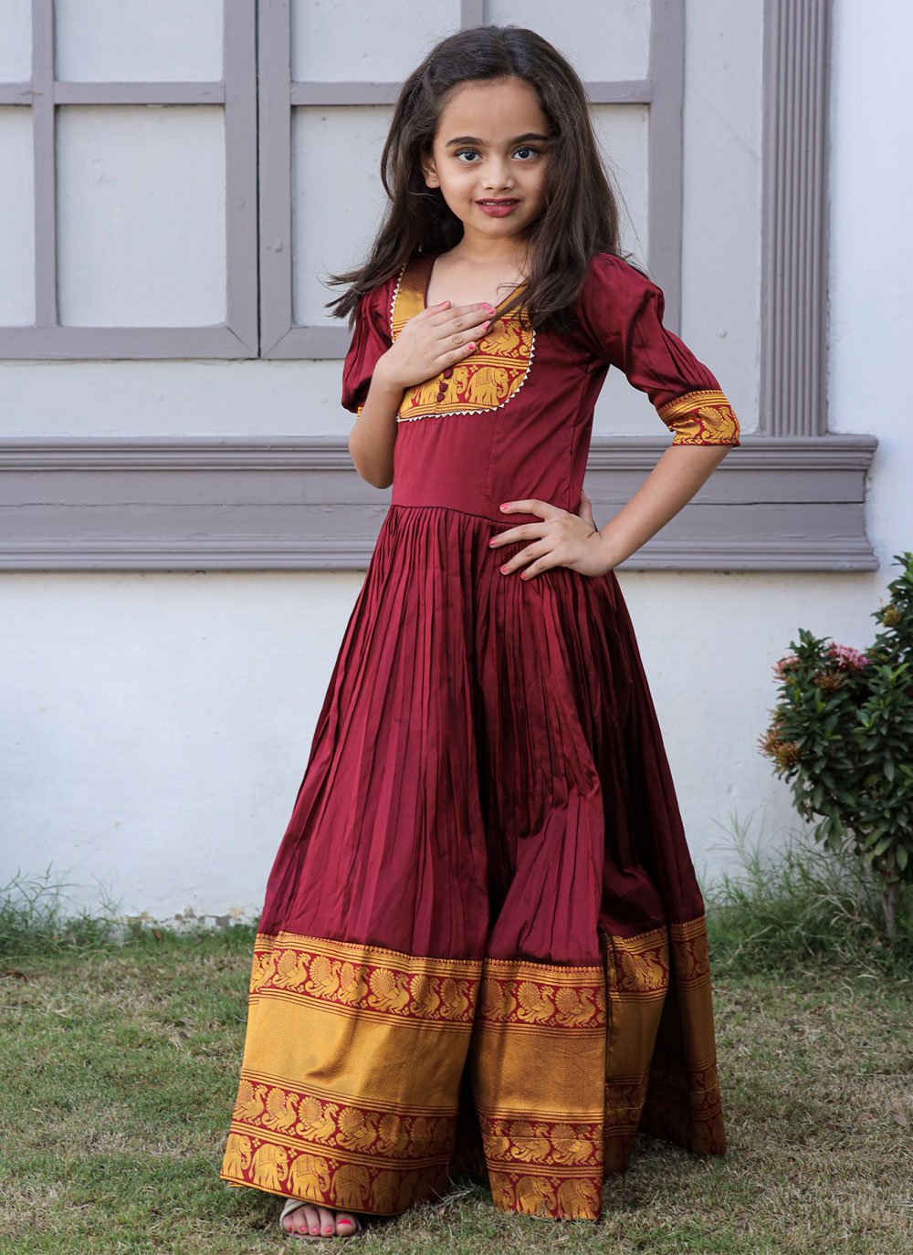 Gown Silk Maroon Jacquard Work Kids