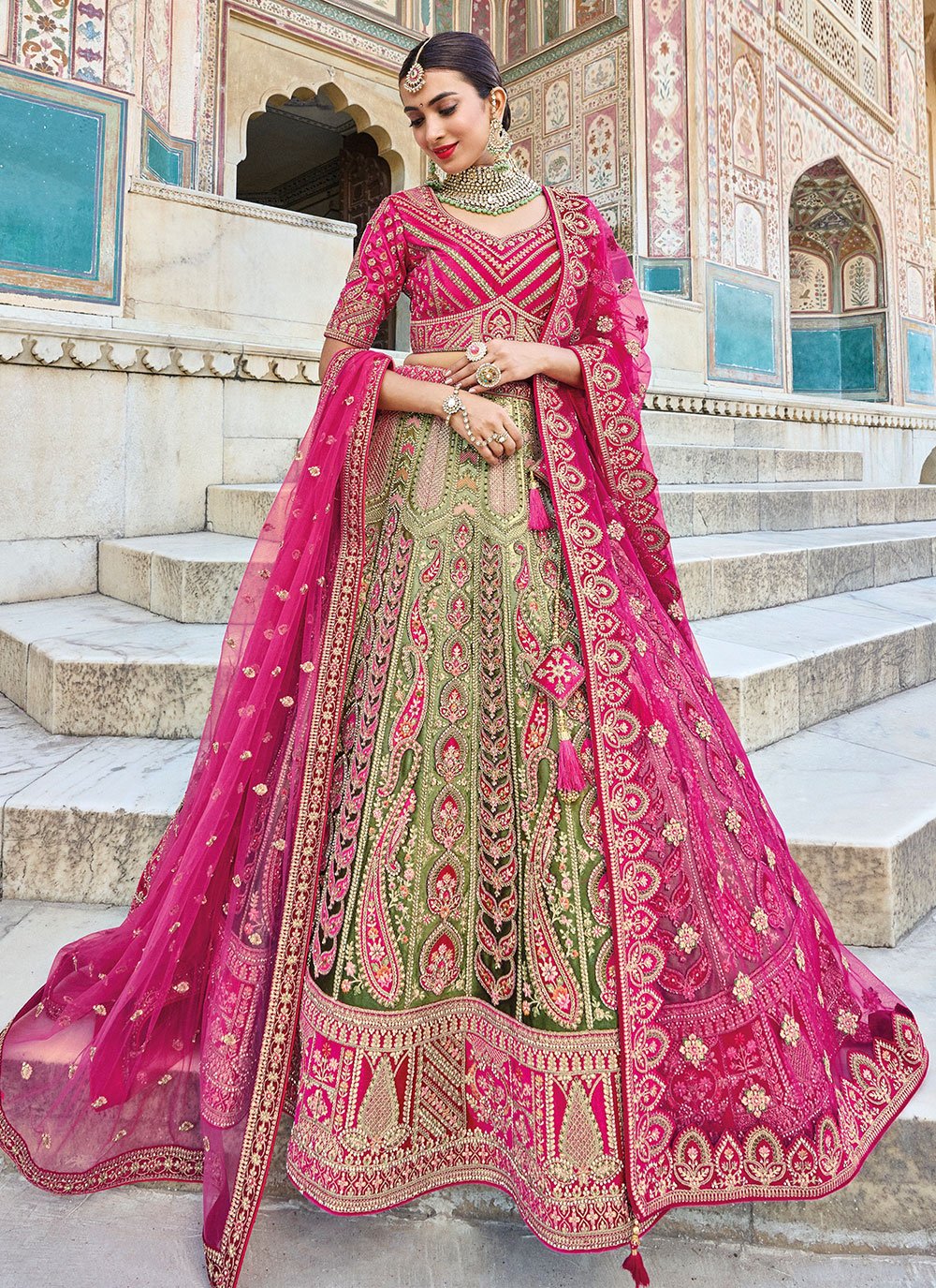 A Line Lehenga Silk Green Embroidered Lehenga Choli