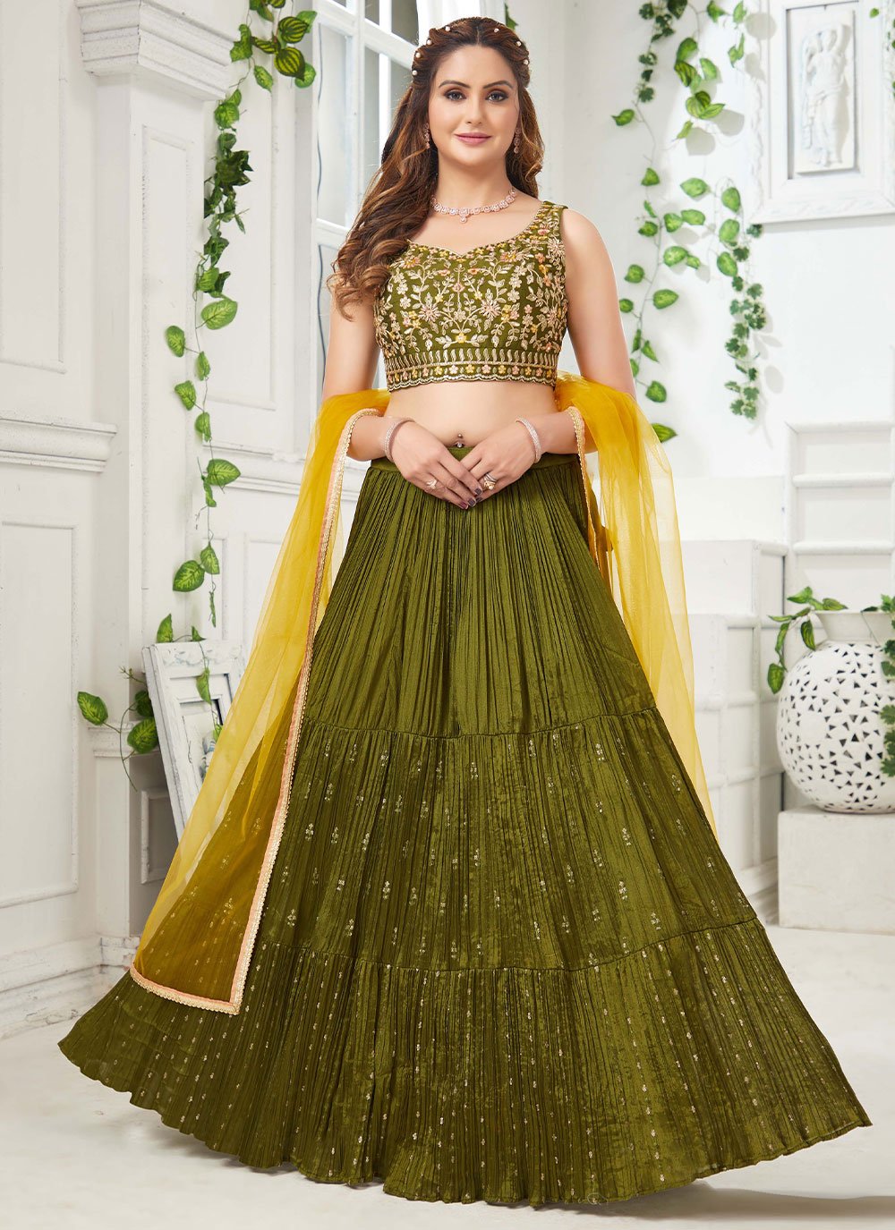 A Line Lehenga Silk Green Embroidered Lehenga Choli