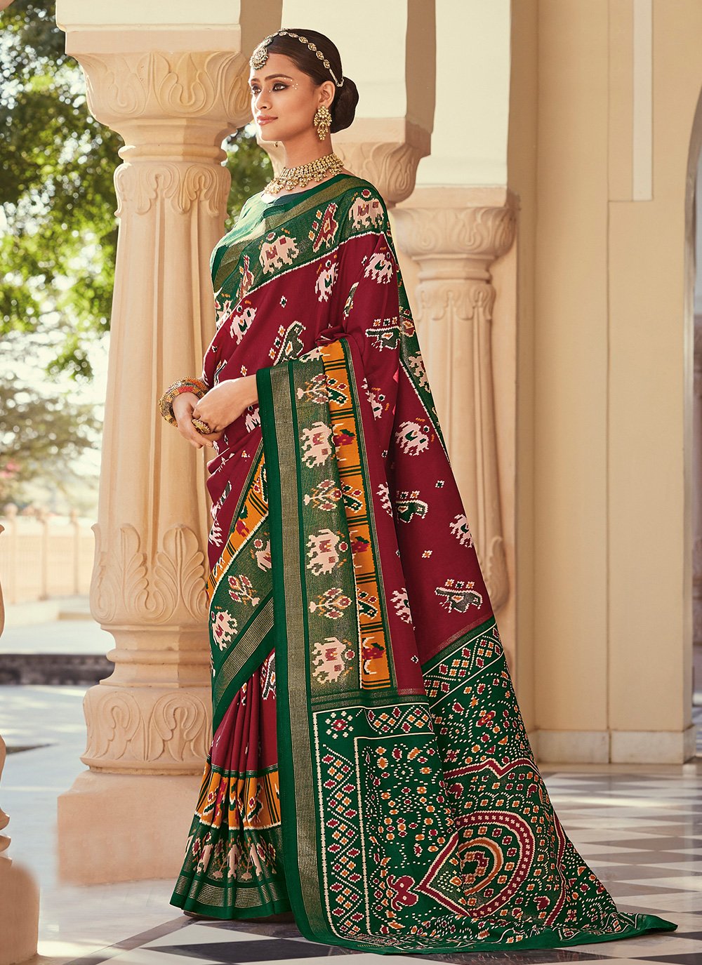 Classic Silk Green Maroon Patola Print Saree