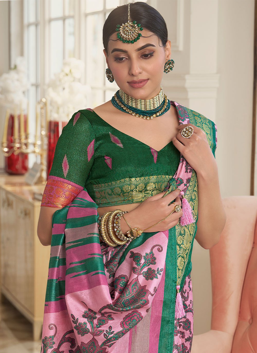 Classic Silk Green Pink Digital Print Saree