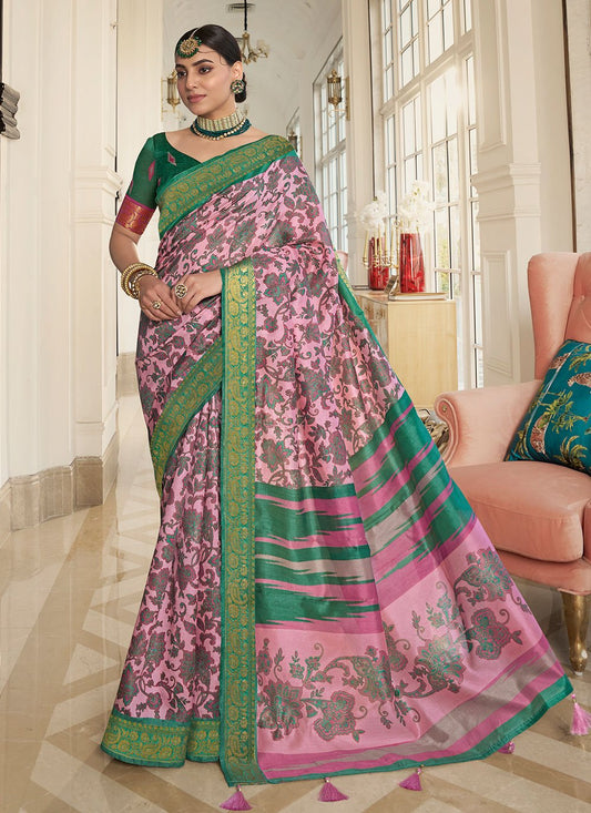 Classic Silk Green Pink Digital Print Saree