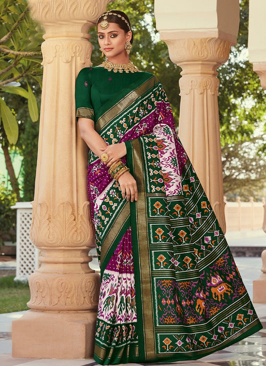 Traditional Saree Silk Green Purple Patola Print Saree