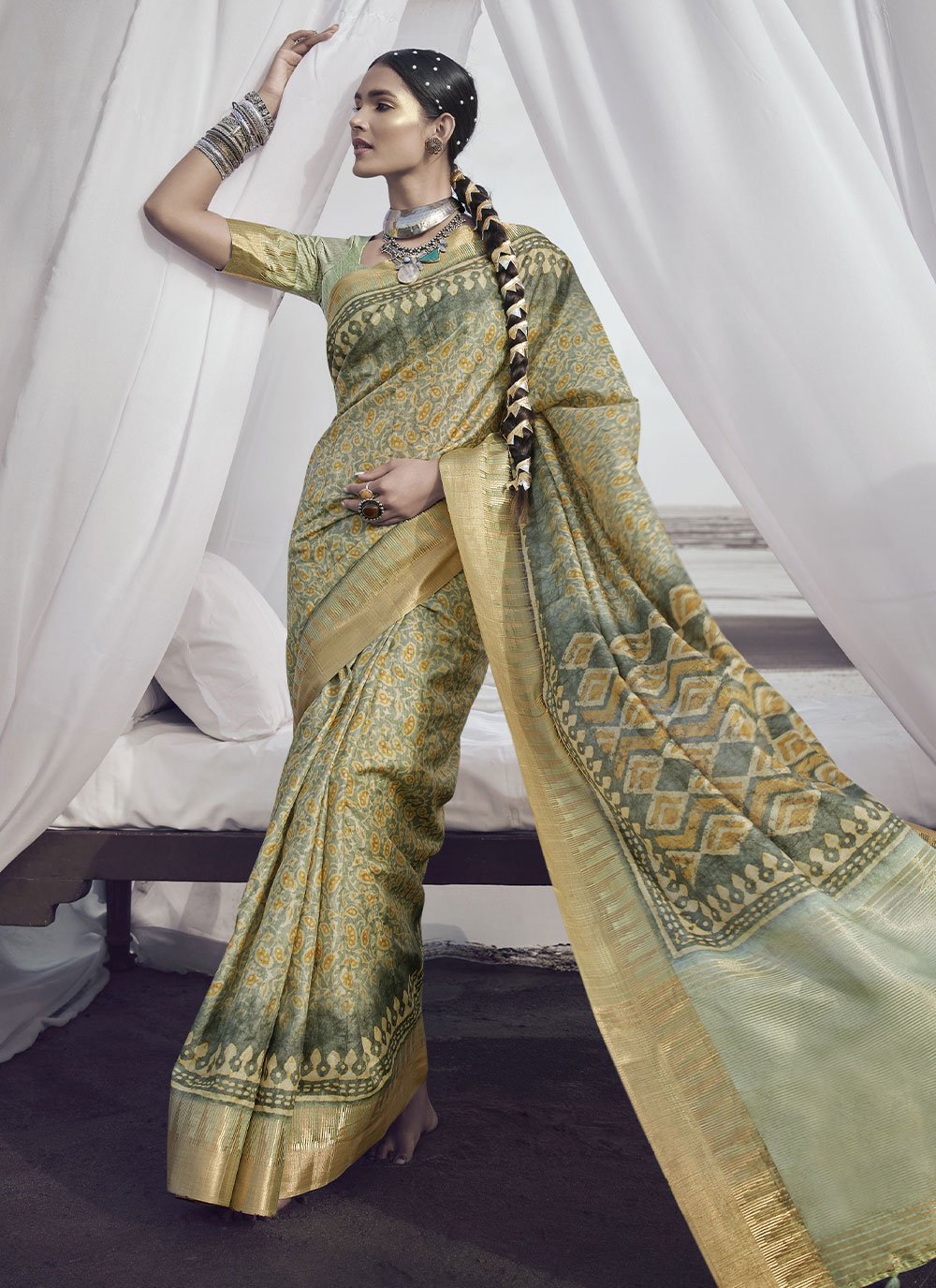 Contemporary Silk Green Digital Print Saree