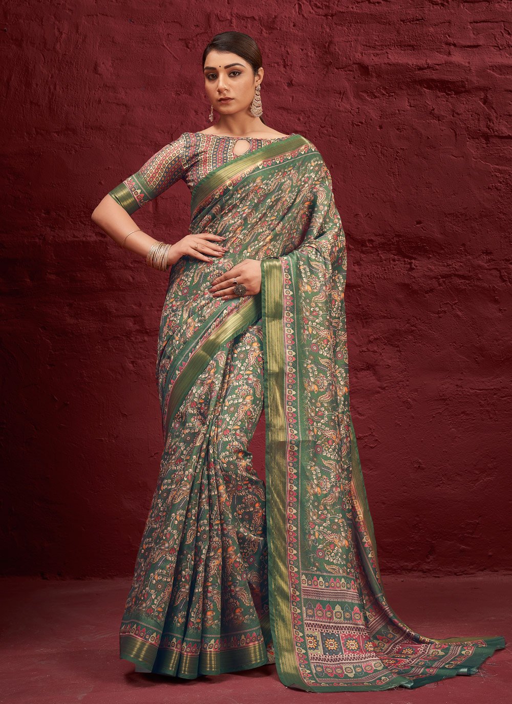 Contemporary Silk Green Digital Print Saree