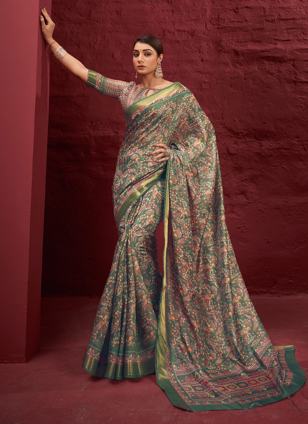 Contemporary Silk Green Digital Print Saree