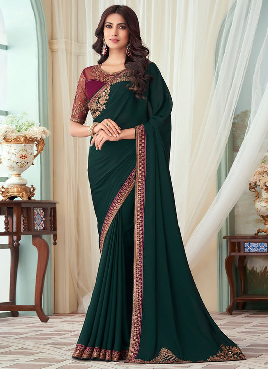 Contemporary Silk Green Embroidered Saree