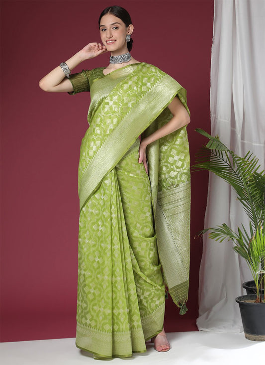 Contemporary Organza Silk Green Weaving Saree