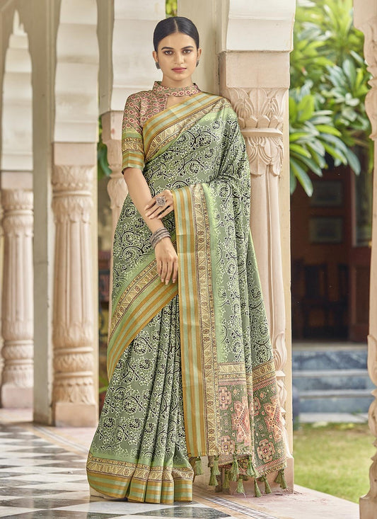 Traditional Saree Silk Green Digital Print Saree