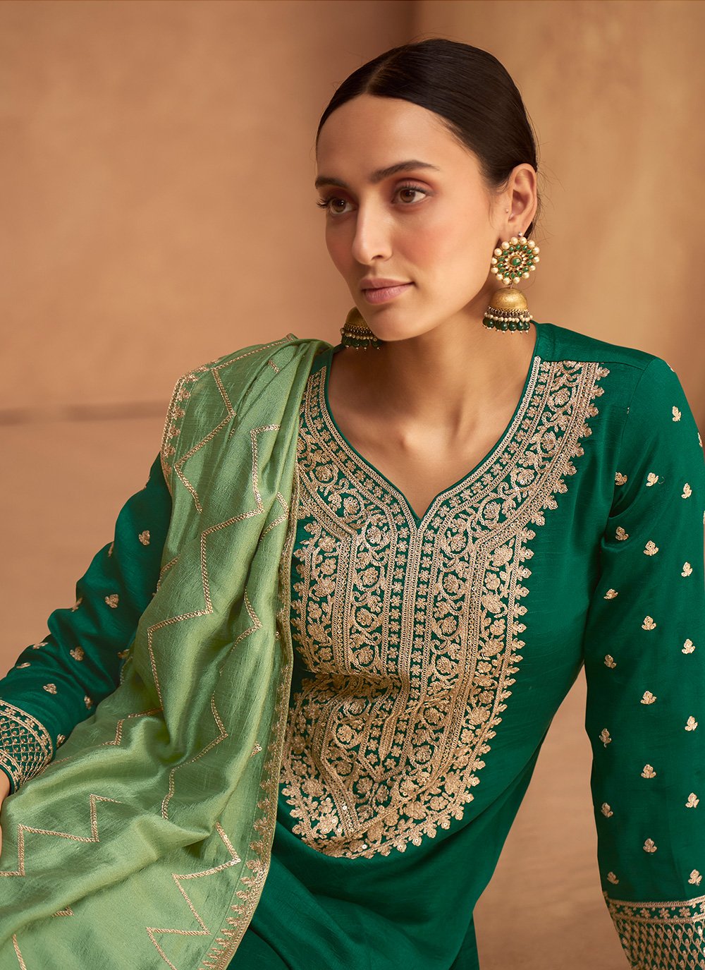 Straight Salwar Suit Silk Green Embroidered Salwar Kameez