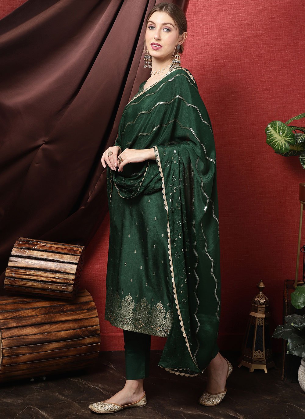 Straight Salwar Suit Silk Green Embroidered Salwar Kameez