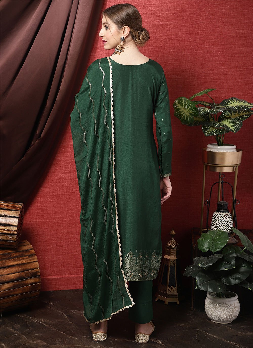 Straight Salwar Suit Silk Green Embroidered Salwar Kameez