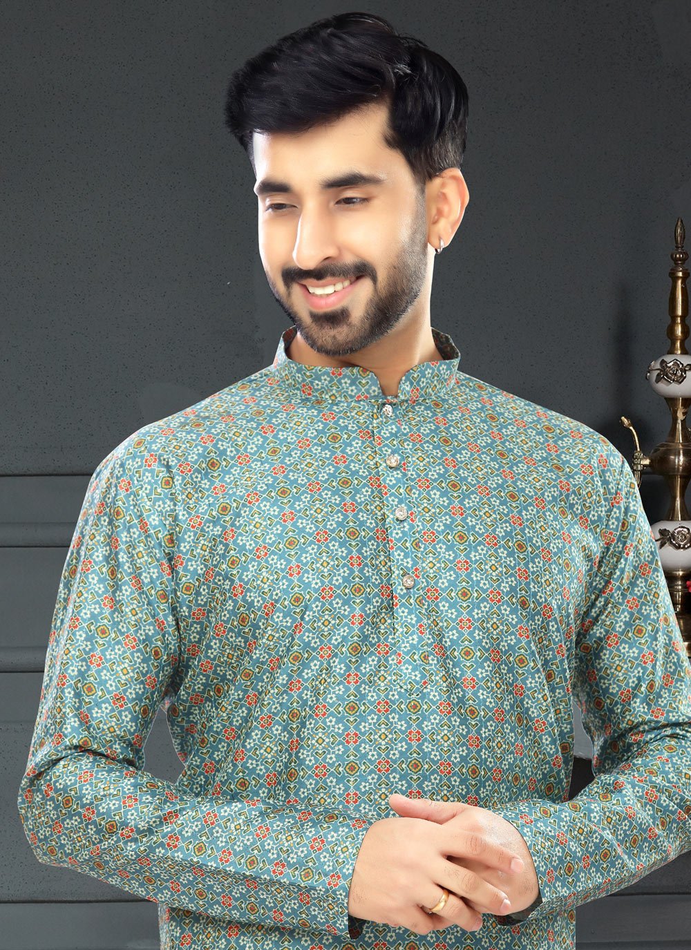 Kurta Pyjama Silk Green Digital Print Mens