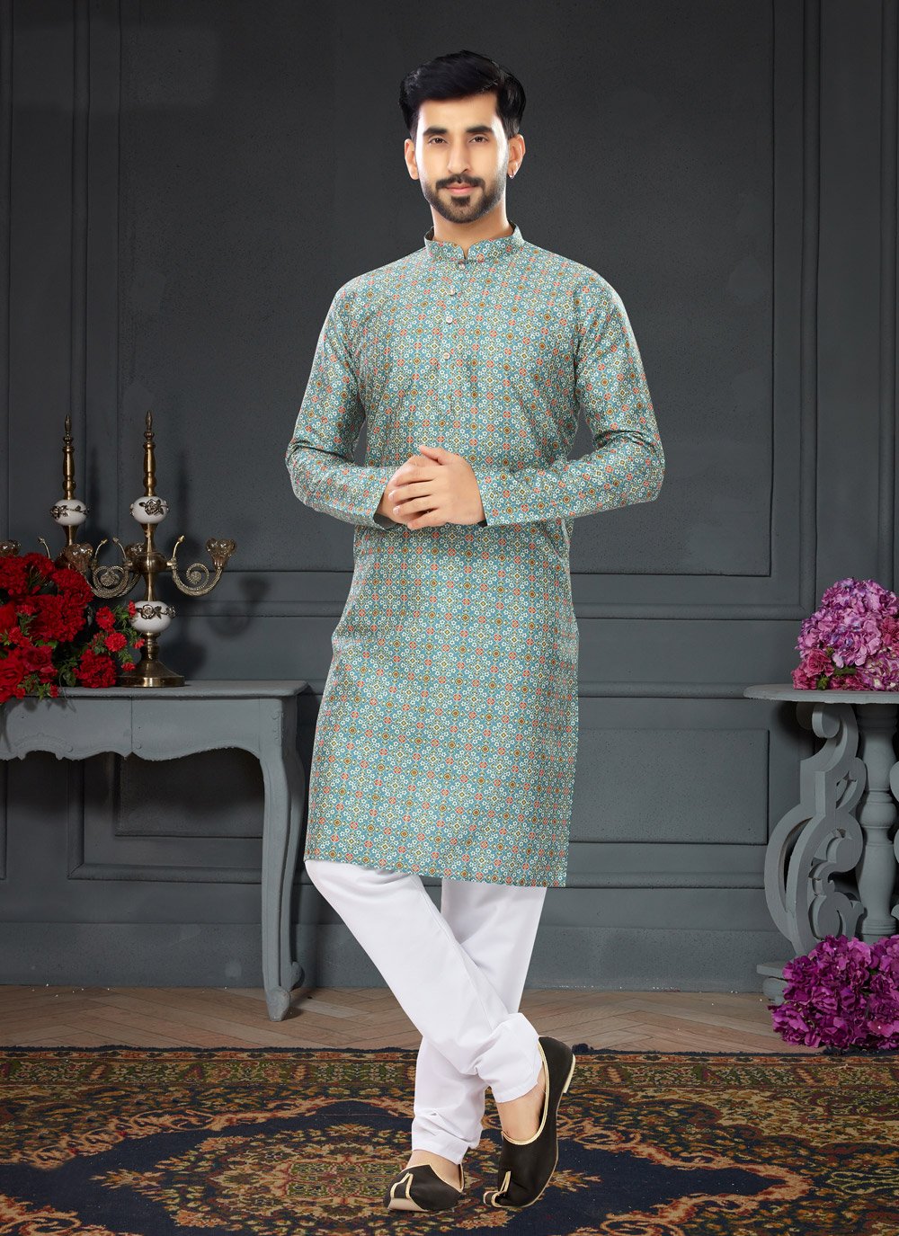 Kurta Pyjama Silk Green Digital Print Mens