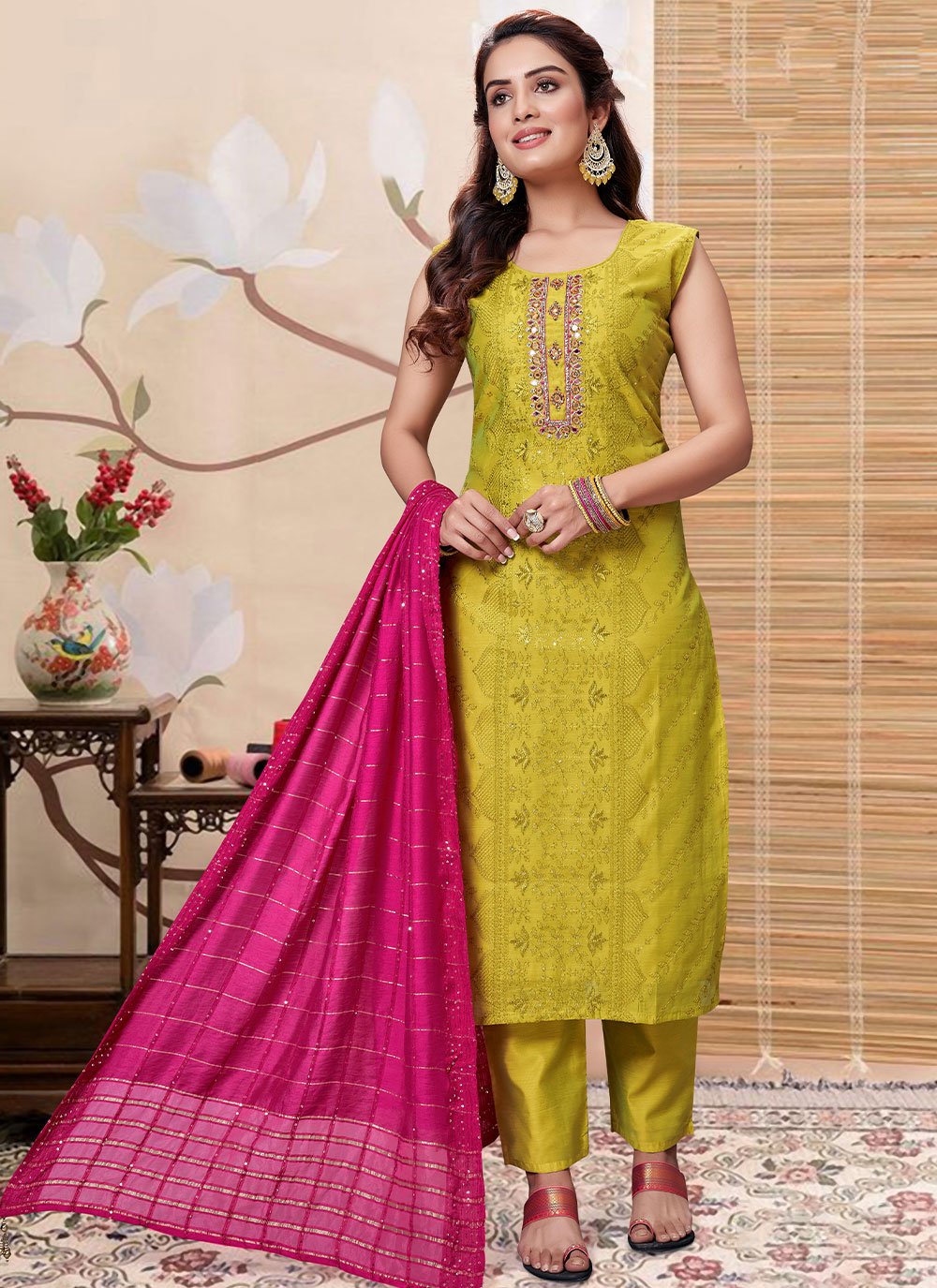 Pant Style Suit Silk Green Embroidered Salwar Kameez