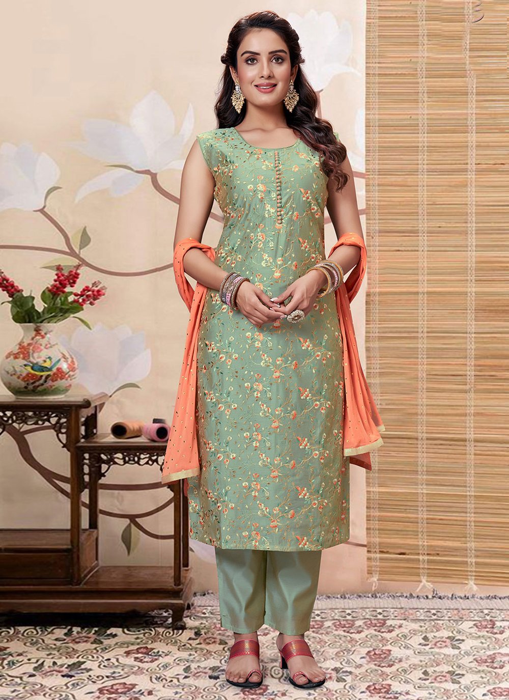 Salwar Suit Silk Green Embroidered Salwar Kameez