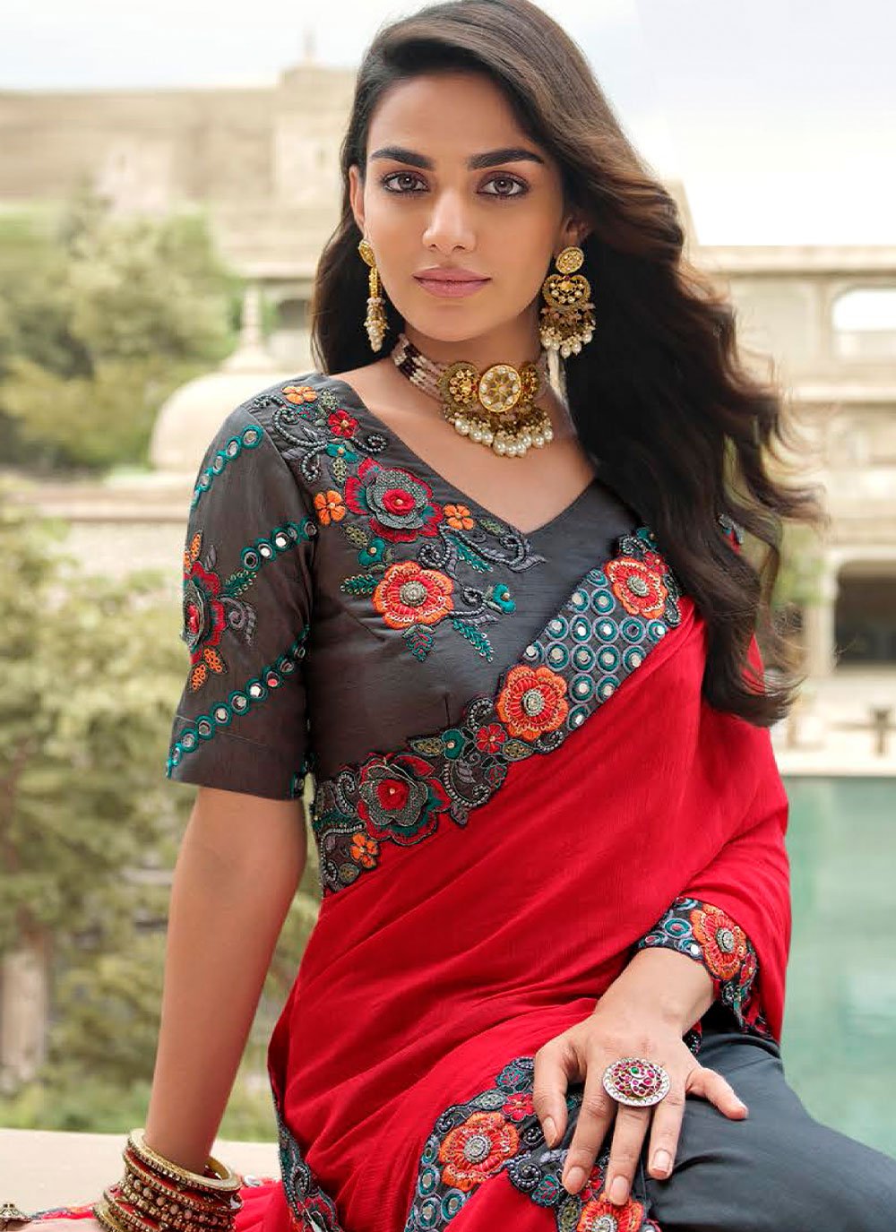 Contemporary Silk Grey Red Embroidered Saree