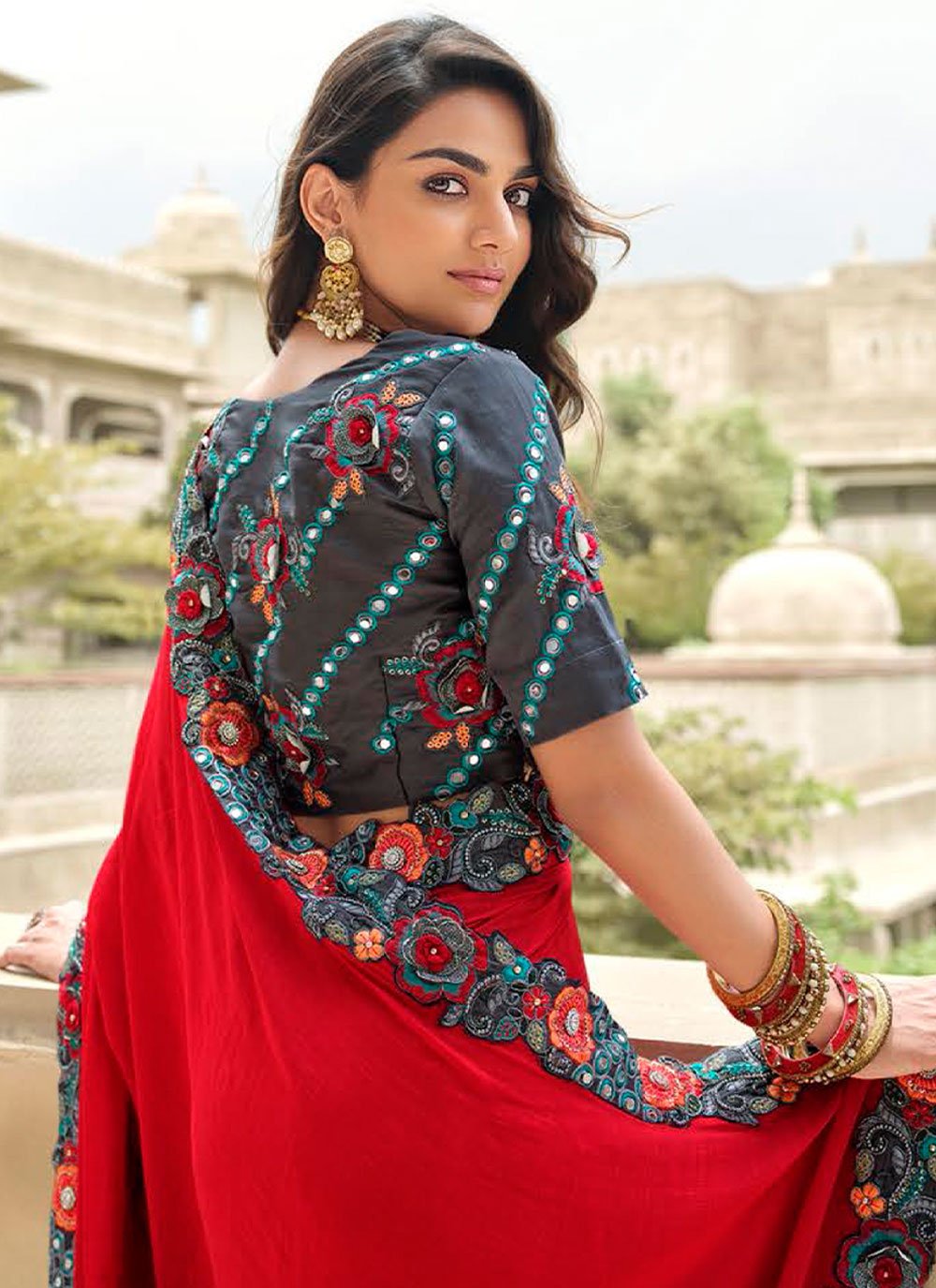 Contemporary Silk Grey Red Embroidered Saree