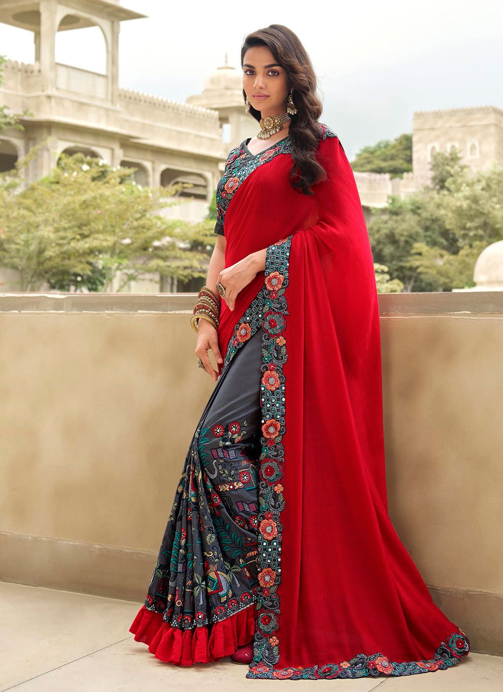 Contemporary Silk Grey Red Embroidered Saree