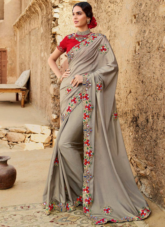 Classic Silk Grey Embroidered Saree