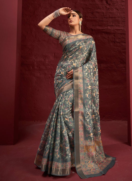 Contemporary Silk Grey Digital Print Saree