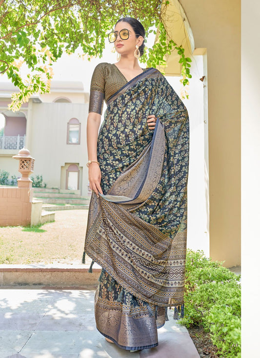 Designer Silk Grey Digital Print Saree