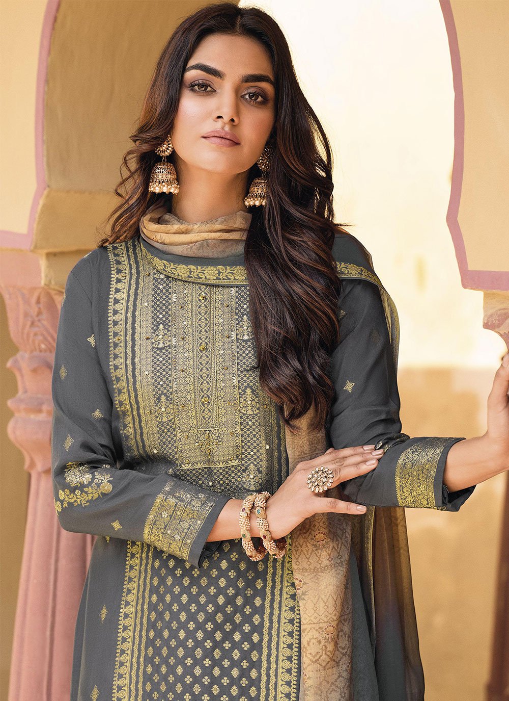 Pant Style Suit Silk Grey Digital Print Salwar Kameez