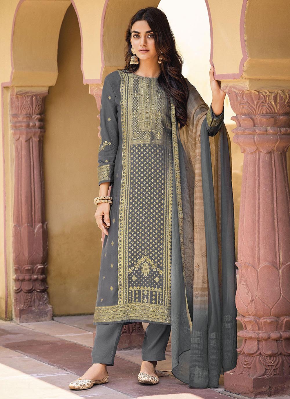 Pant Style Suit Silk Grey Digital Print Salwar Kameez