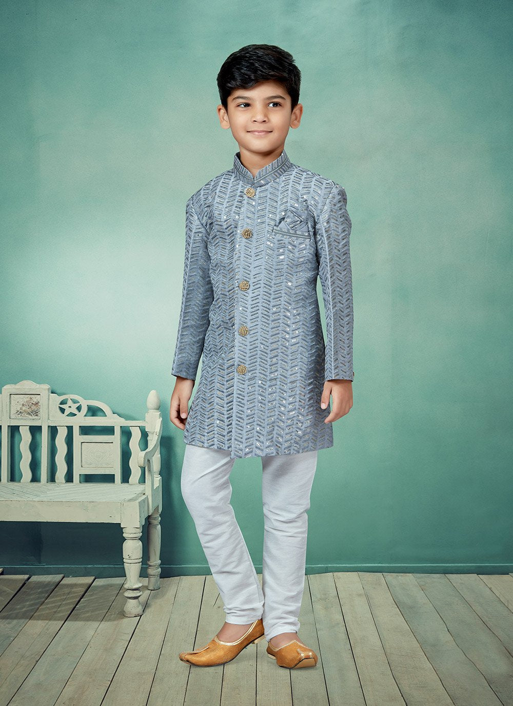 Indo Western Silk Grey Embroidered Kids