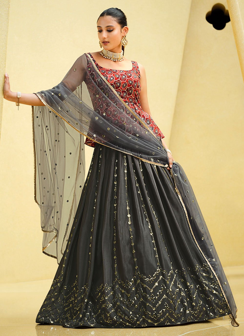 Lehenga Choli Chinon Silk Grey Embroidered Lehenga Choli