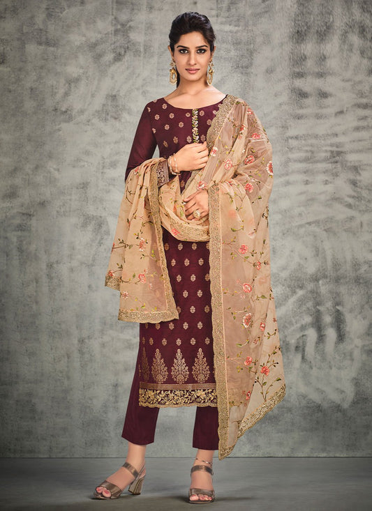 Trendy Suit Organza Silk Maroon Hand Work Salwar Kameez