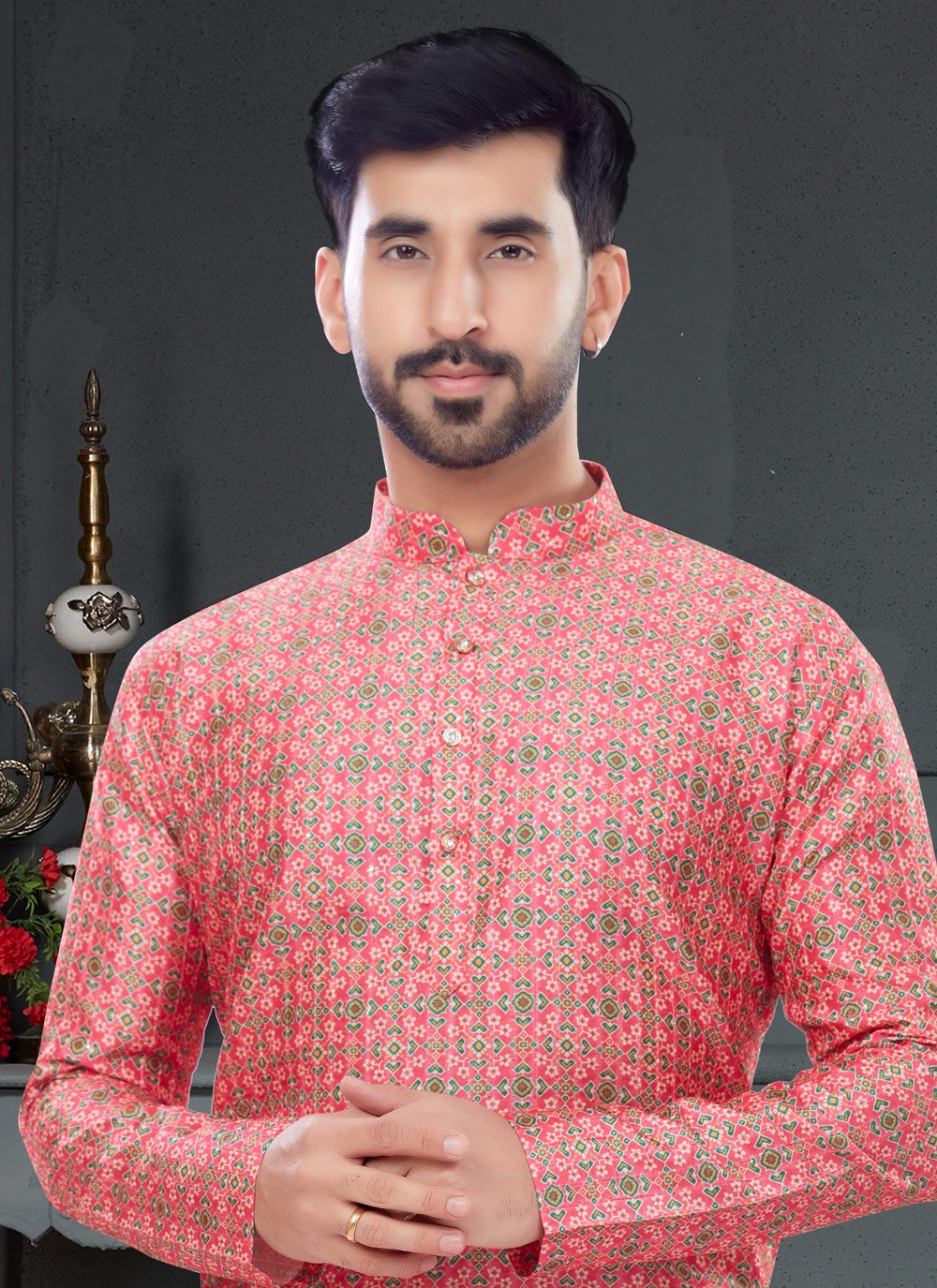 Kurta Pyjama Silk Hot Pink Digital Print Mens