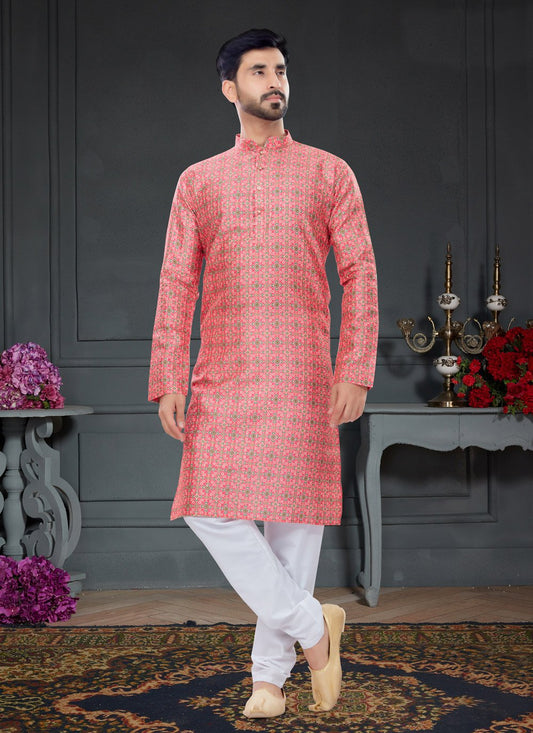 Kurta Pyjama Silk Hot Pink Digital Print Mens