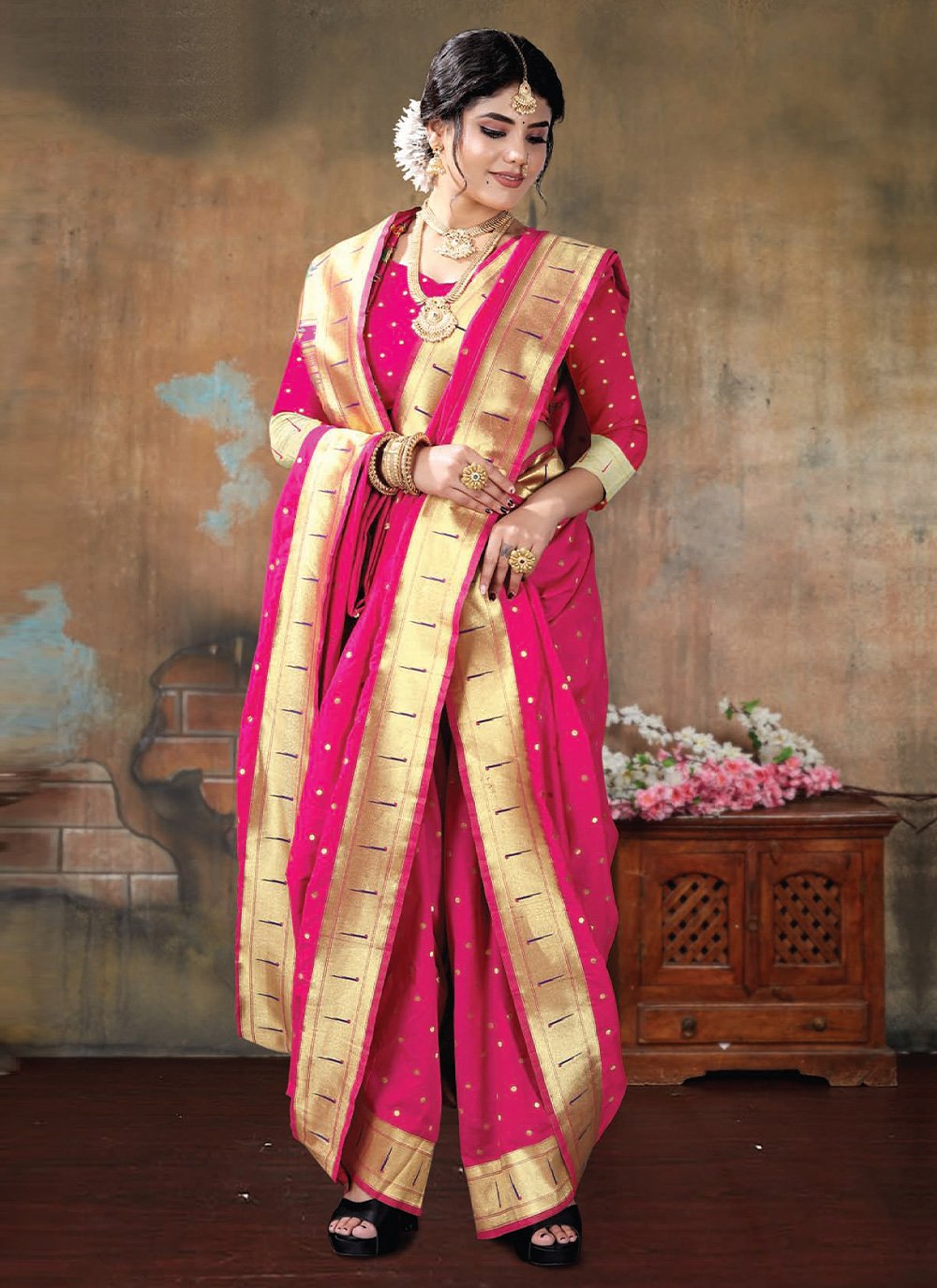Traditional Saree Silk Hot Pink Patch Border Saree