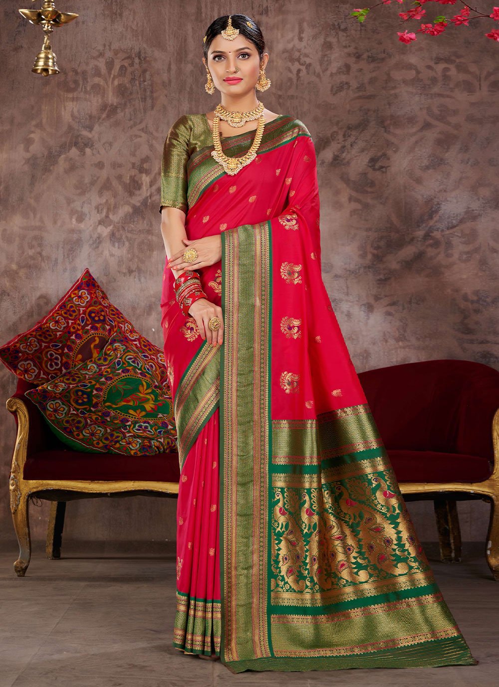 Designer Silk Hot Pink Woven Saree