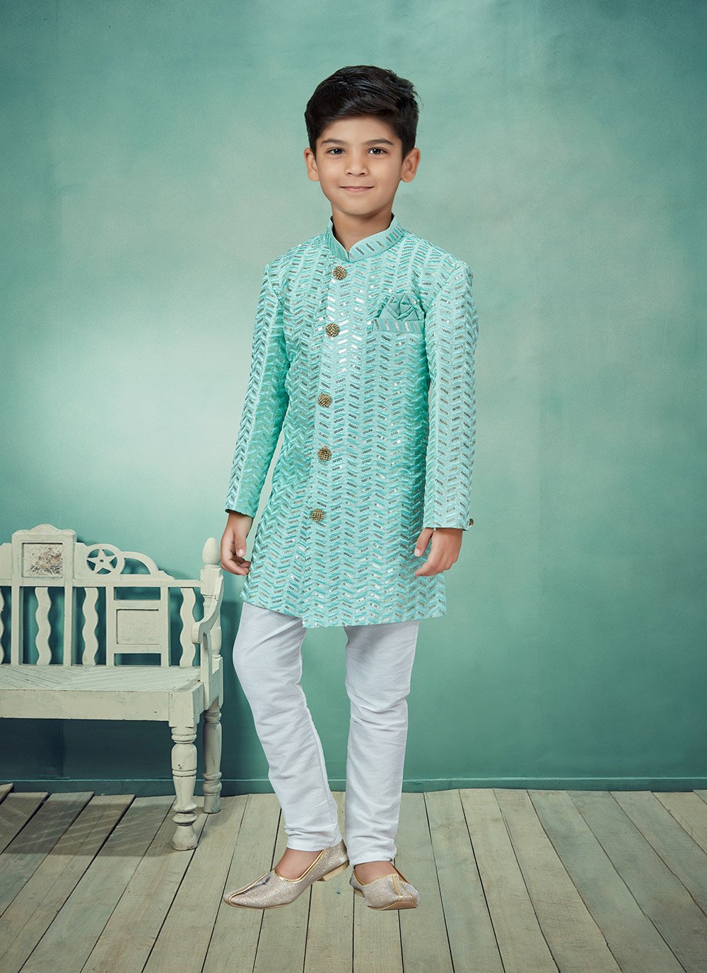 Indo Western Silk Firozi Embroidered Kids