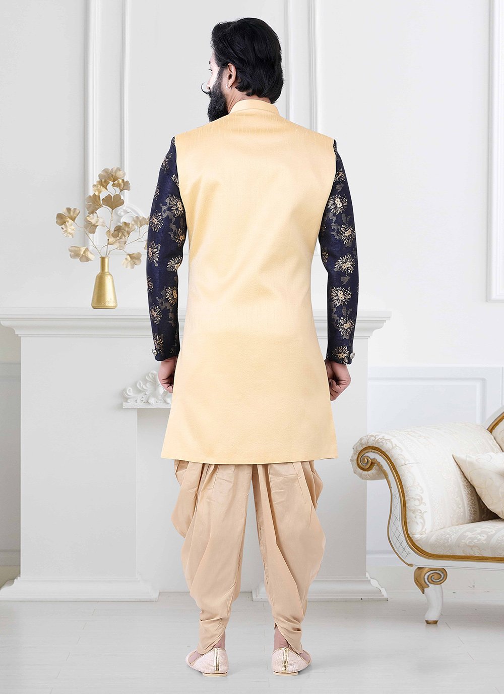 Indo Western Jacquard Silk Blue Cream Embroidered Mens